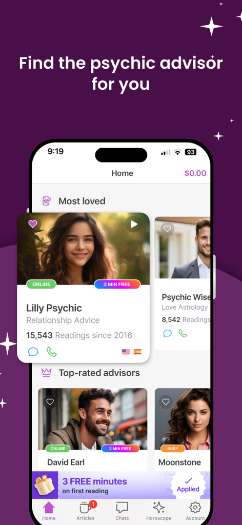 Zodiac Psychics: Tarot Reading - Home screen of the Zodiac Psychics app featuring various top rated advisors and relationship advice experts
