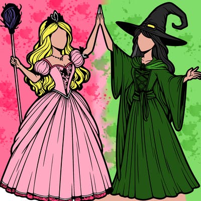 detailed realistic split of a princess and a witch