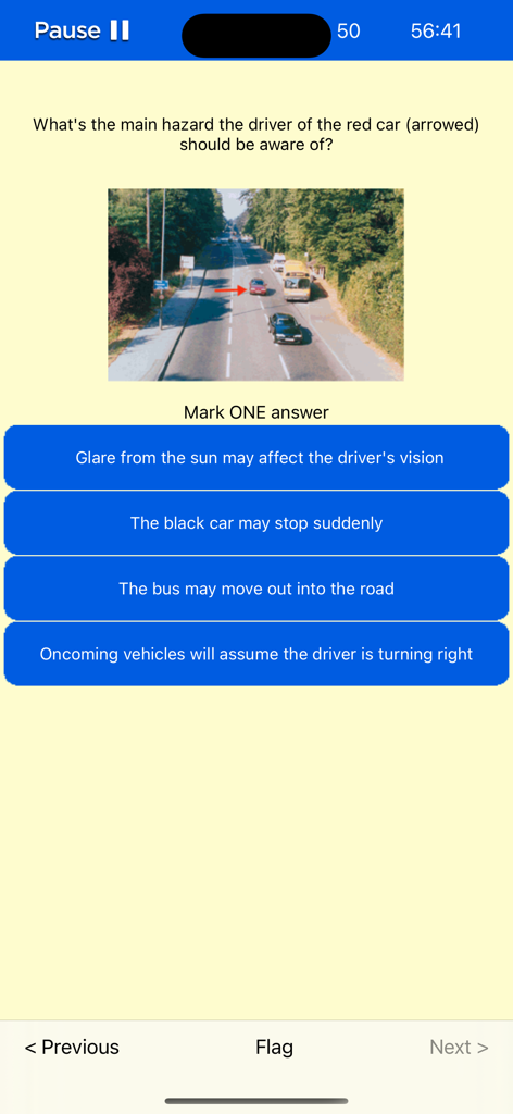 Mobile app interface showing a UK driving theory mock test question about identifying road hazards.