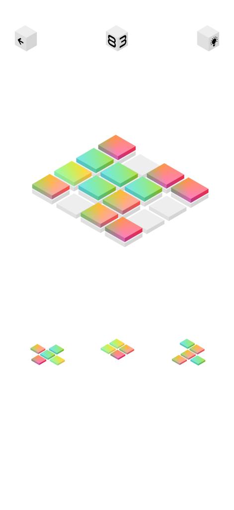 Minimalist 3D isometric puzzle game interface with colorful gradient blocks on a white grid