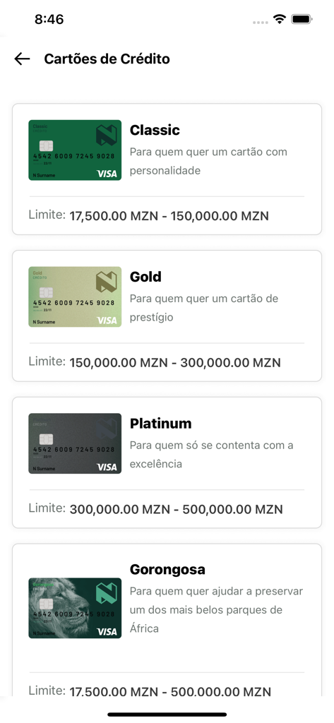 MyUey - List of credit card options in the MyUey banking app including Classic, Gold, Platinum, and Gorongosa levels.