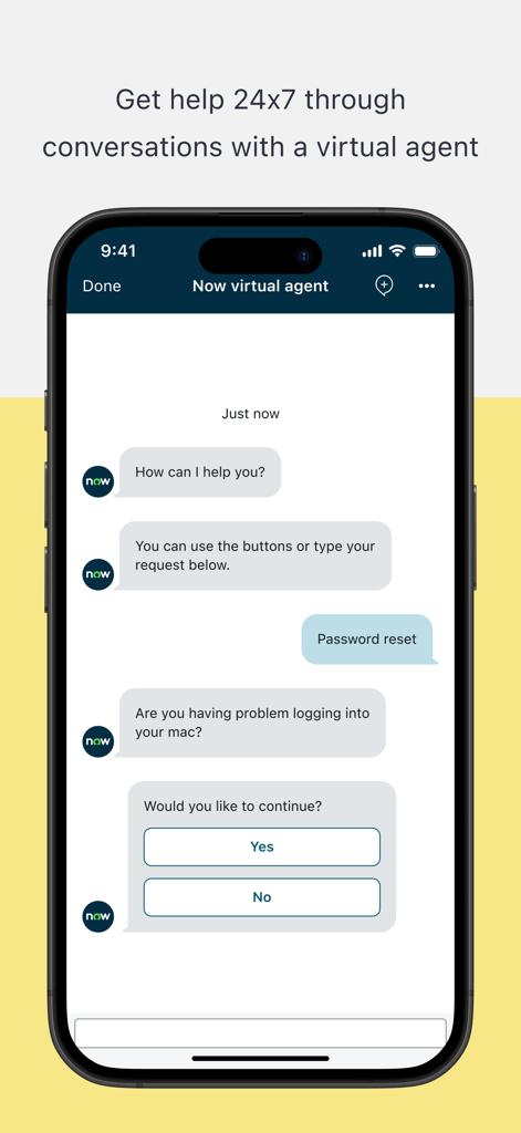 Now Mobile - Un smartphone montrant l'agent virtuel de Now Mobile aidant un employé avec une demande de réinitialisation de mot de passe.