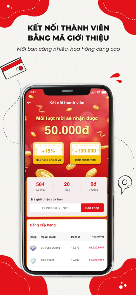 Sen Vàng Group - Tela do programa de indicação do aplicativo Sen Vang Group exibindo recompensas e quadro de líderes para comissões