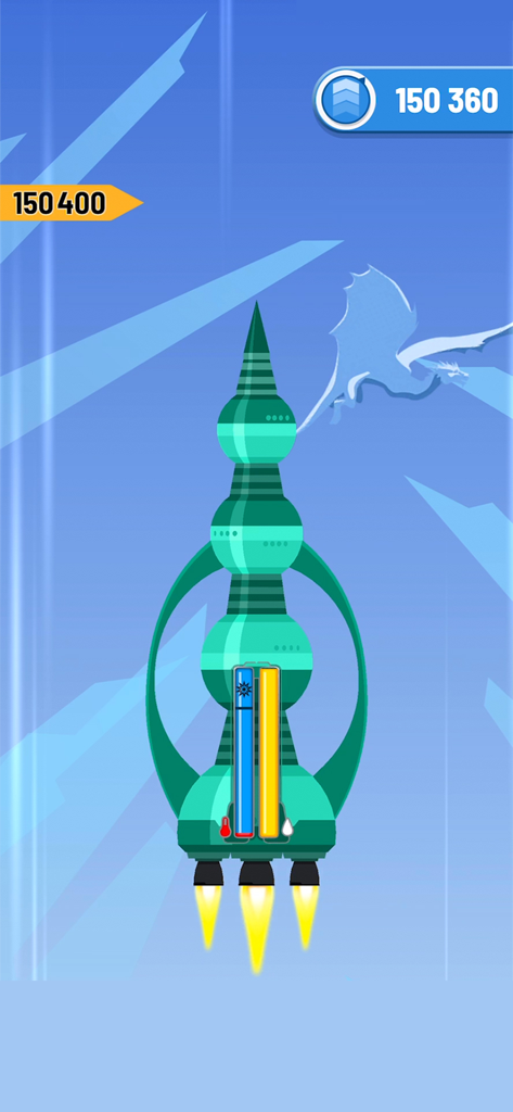 Rocket Sky! - Un razzo verde stilizzato che sale attraverso un cielo blu con un contatore di altitudine e un indicatore di surriscaldamento nel gioco mobile Rocket Sky.