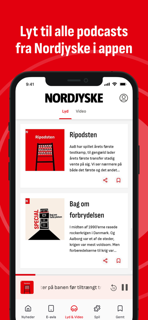 Nordjyske - Nordjyske mobile app podcast interface showing audio programs and news episodes