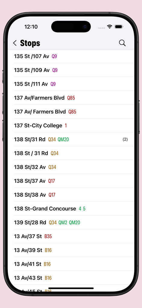 Transit: offline schedules - Mobile app interface displaying a searchable list of public transit stops.