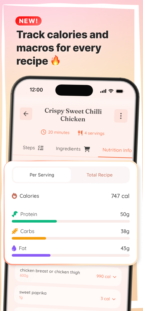 Whisk: Recipe Keeper & Planner - Whisk app interface showing recipe nutrition information including calories and macros