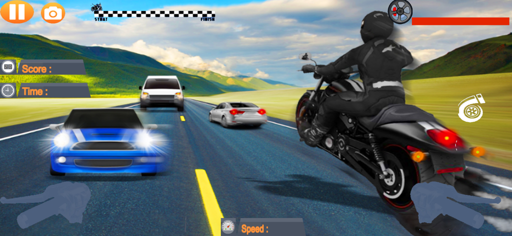 Moto Highway Traffic Racer - A motorcycle rider performing a wheelie while racing through highway traffic in a 3D environment