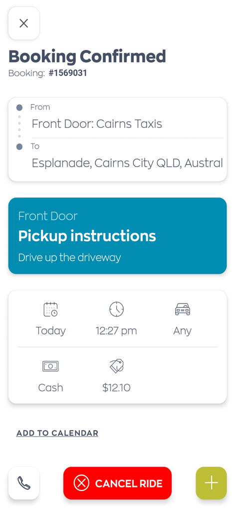 Cairns Taxis booking confirmation screen showing trip details pickup instructions and fare estimate