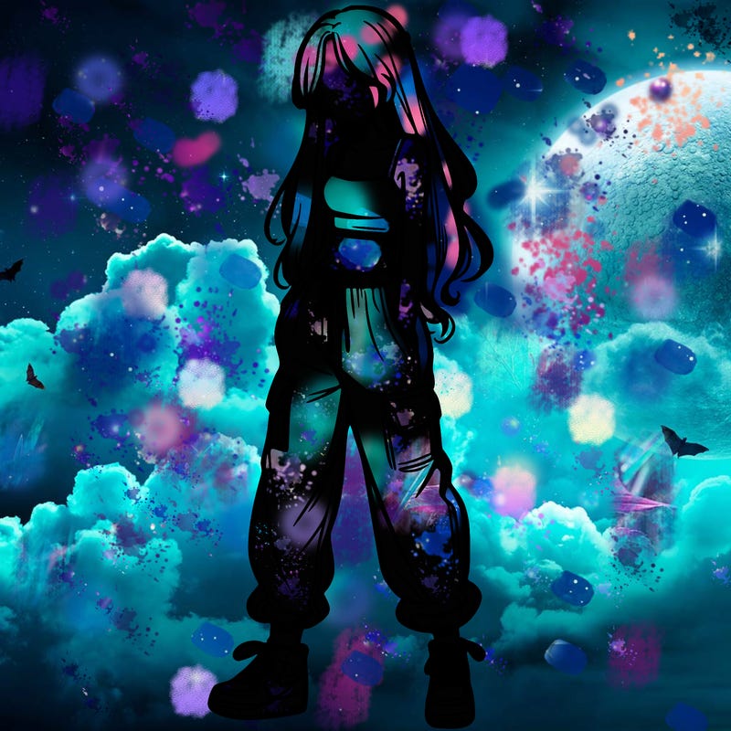 girl in baggy pants crop top and long hair