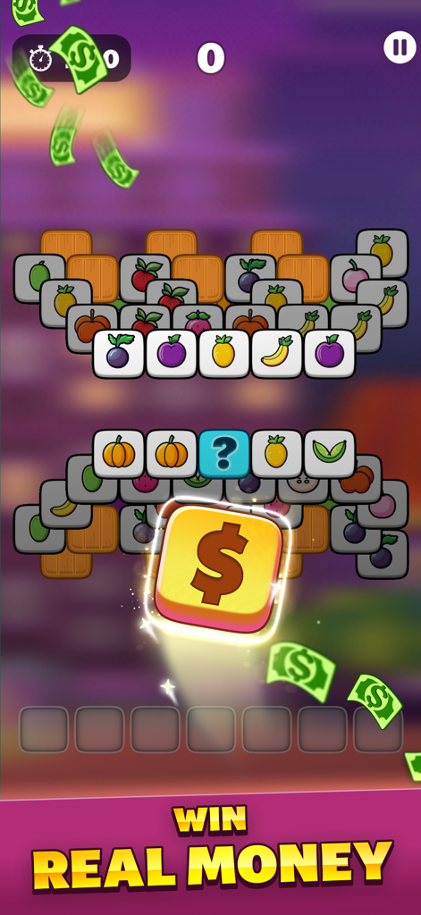 Tile Match - Win Cash - Mobile gameplay of a tile matching puzzle game featuring fruit tiles and a win real money banner.
