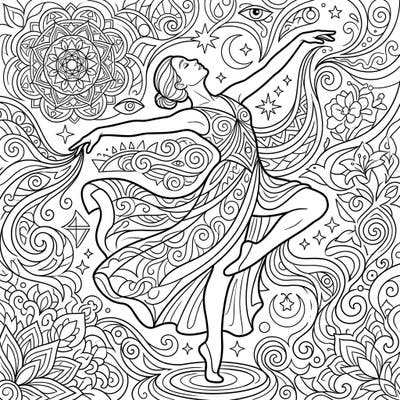 Immerse yourself in a world of spiritual grace with this exquisite coloring page featuring a dancer. Adorned with intricate mandalas and celestial motifs, it invites you to a meditative coloring experience.