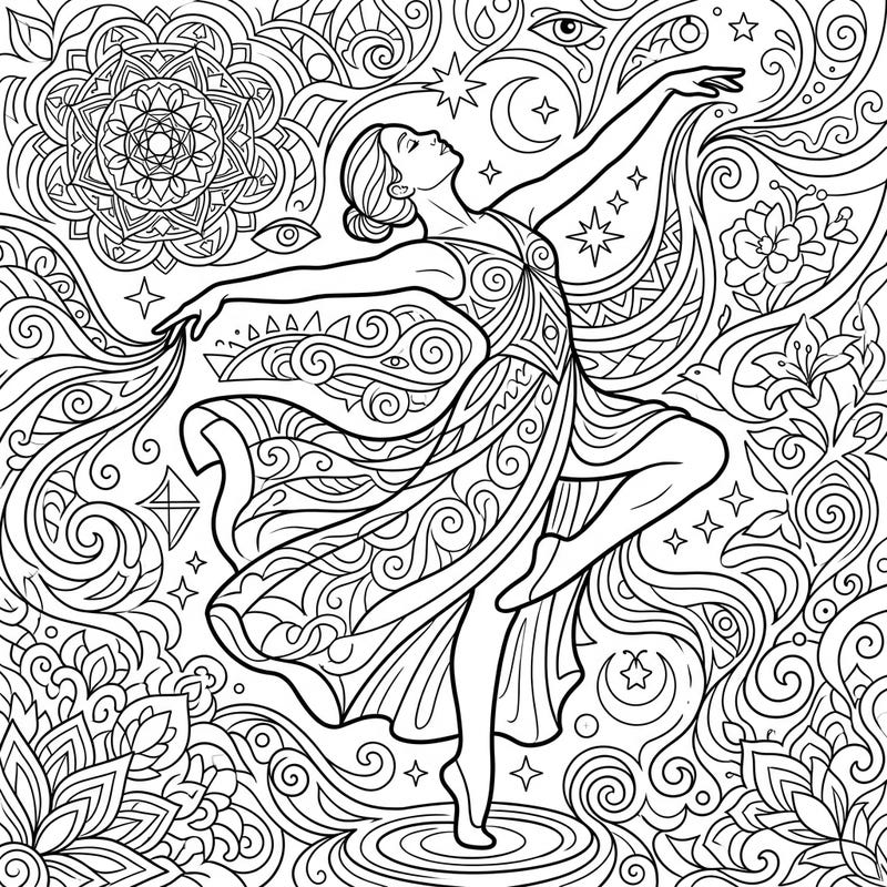 Immerse yourself in a world of spiritual grace with this exquisite coloring page featuring a dancer. Adorned with intricate mandalas and celestial motifs, it invites you to a meditative coloring experience.