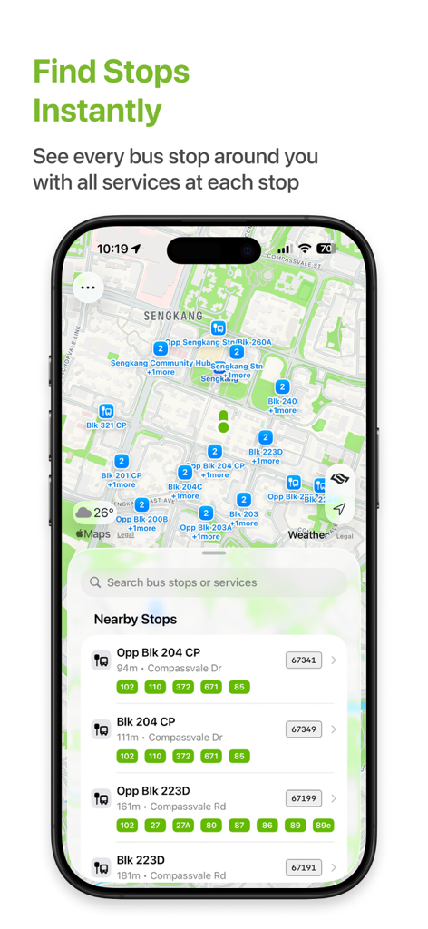 Bustro: Singapore Bus - Bustro app interface showing a map of Singapore with nearby bus stops and a list of arrival times for multiple bus services