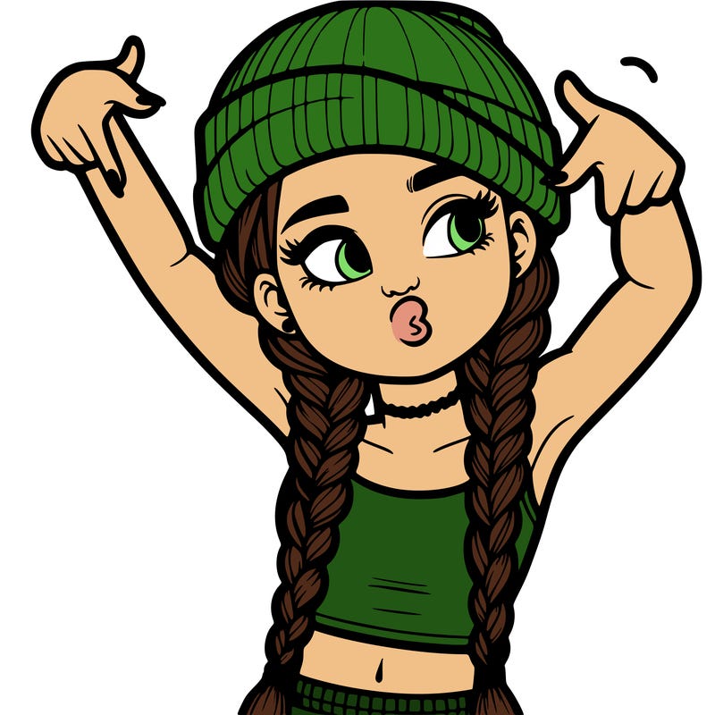 realistic teenage girl with braids and a beanie and crop top doing 🫶🏼