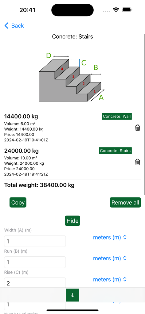 Concrete Calculator Estimator - A mobile screen from the Concrete Calculator Estimator app displaying a diagram and calculations for concrete stairs including volume, weight, and cost.