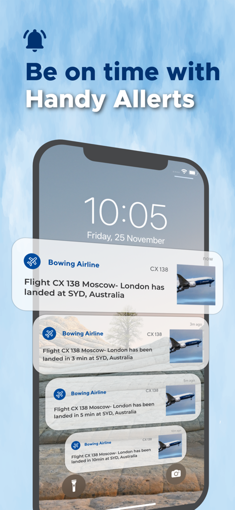 Flight Tracker® Live Plane Map - Pantalla de bloqueo del iPhone que muestra notificaciones de aterrizaje de vuelos en tiempo real de la aplicación Flight Tracker