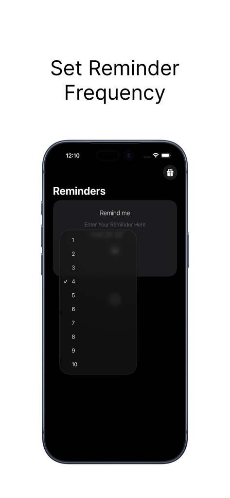 Hey Me, Remind Me - User interface of the Hey Me Remind Me app showing a numerical menu to set the daily reminder frequency