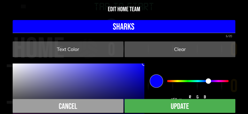 BT Volleyball Scoreboard - Interface for editing home team name and choosing custom colors in the BT Volleyball Scoreboard app