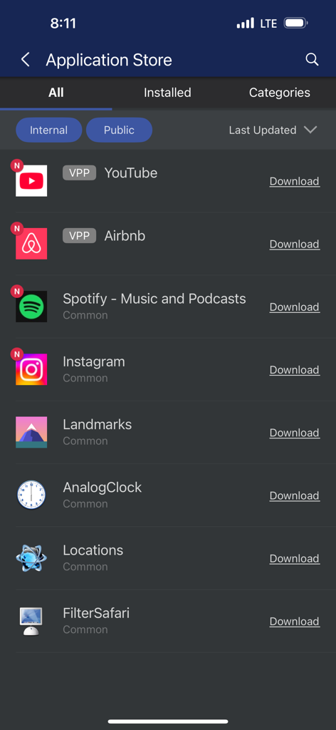 Interface of the Samsung Knox Manage enterprise application store showing approved apps.
