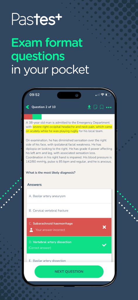 A medical exam question on the Pastest mobile app showing a clinical case vignette with multiple choice answers and immediate feedback