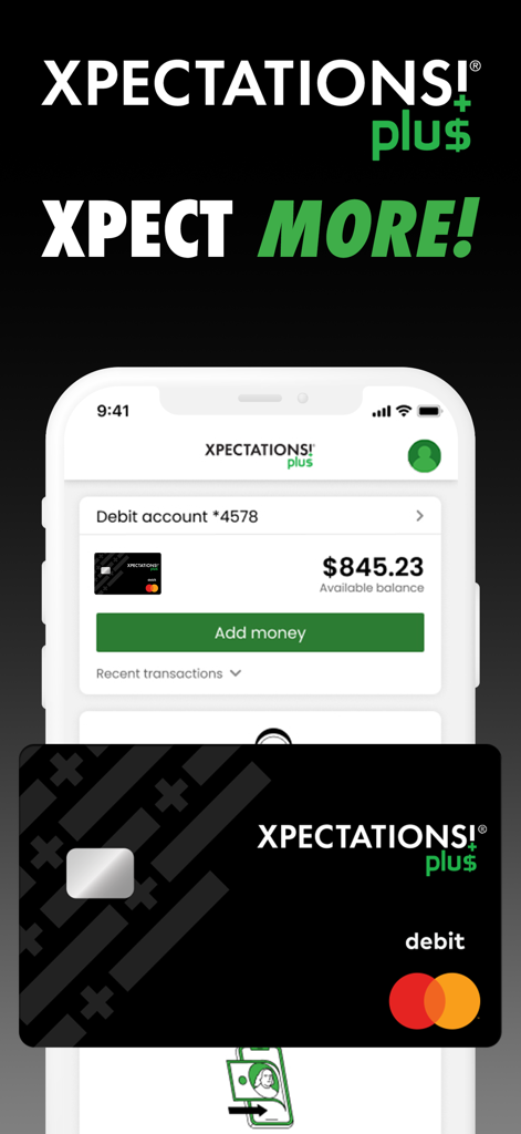 Xpectations Plus mobile app showing debit account balance and card