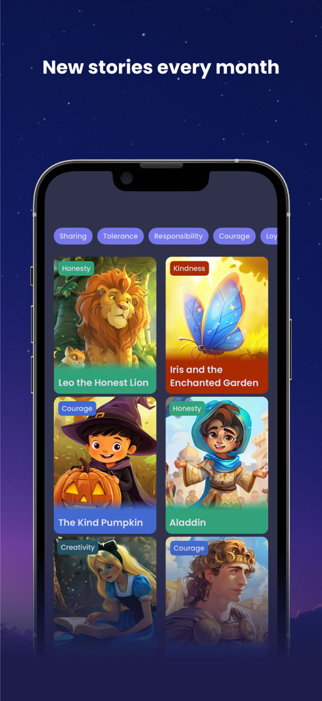 AI Storyteller app interface showing a library of children stories with moral tags like honesty kindness and courage