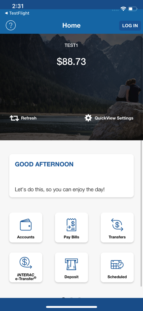 Your Credit Union Mobile App - Home screen of the Your Credit Union mobile app showing the Quick View balance and main banking navigation icons