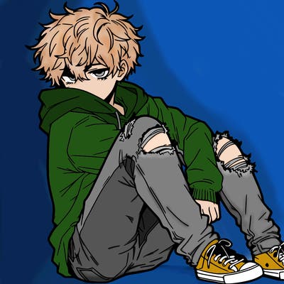 a male hoddie ripped jeans messy hair anime