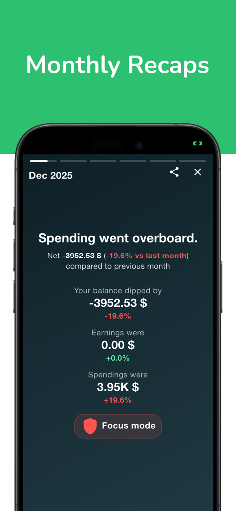 Budget Buddy: Expense Manager - Monthly spending recap screen in the Budget Buddy app showing a summary of expenses and earnings