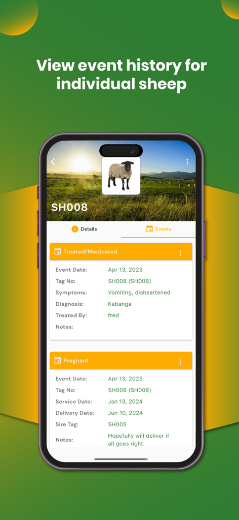 My Sheep Manager - Farming app - A screenshot of the My Sheep Manager mobile app showing the event history for an individual sheep including medical treatments and pregnancy records.