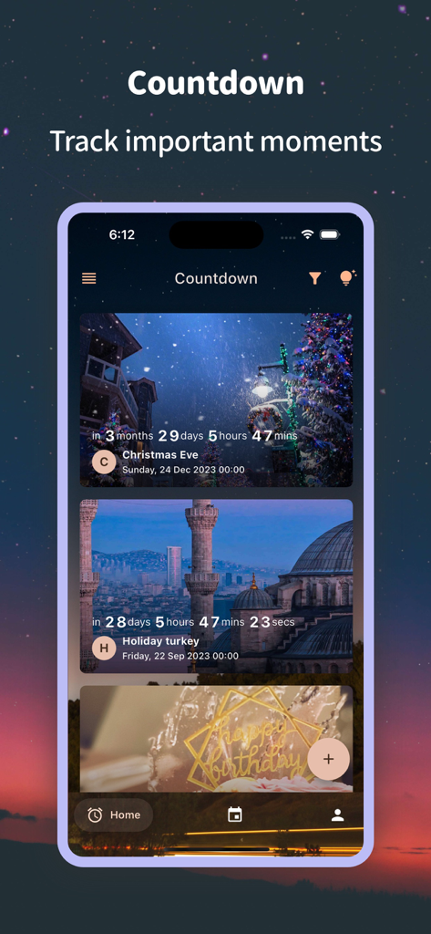 Countdown Calendar & Widget - Countdown Calendar app interface showing event timers with beautiful backgrounds on an iPhone