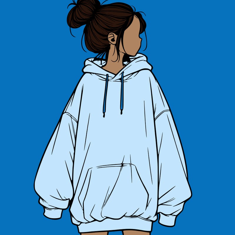 realistic girl with a oversized sweatshirt on and a bun