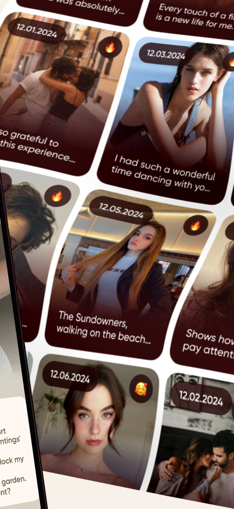 Digital scrapbook view of relationship memories with dated photos and romantic captions