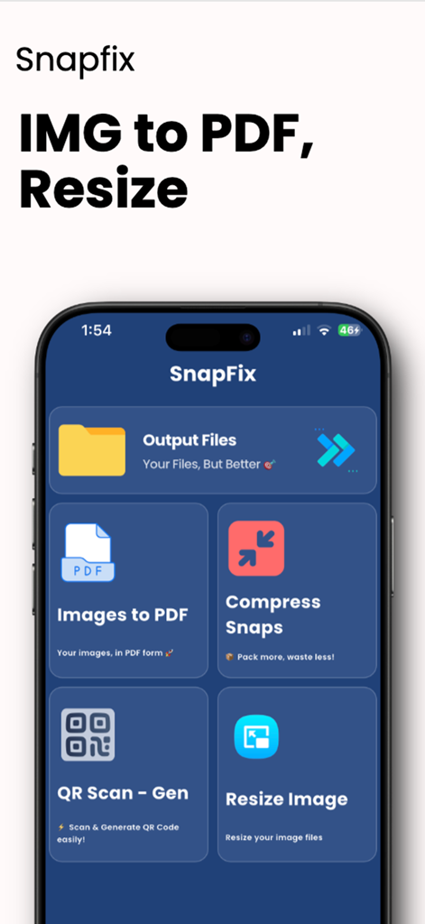 PDF-X - Interface do aplicativo móvel PDF-X com ferramentas para conversão de imagem para PDF e redimensionamento de imagem