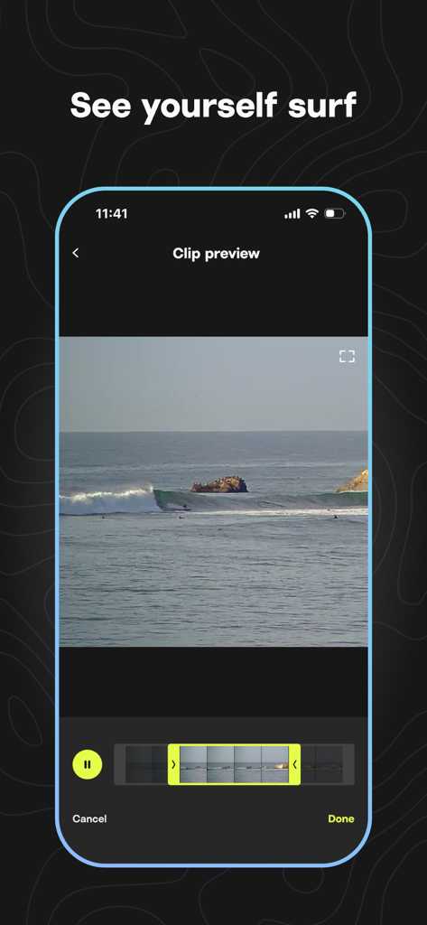 Surfline: Wave & Surf Reports - Surfline app screen showing a video clip preview of a surfer riding a wave with editing controls.