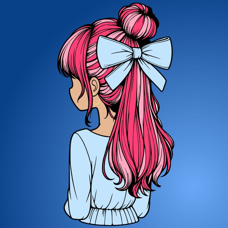 realistic girl  with hip length hair a bun and a big bow on the back of head
