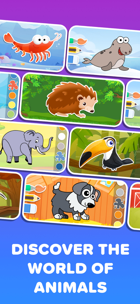Puzzles & Colors: Kids Games - Un collage de varias tarjetas de puzzles y colorear de animales de dibujos animados para niños con un elefante, perro y tucán.