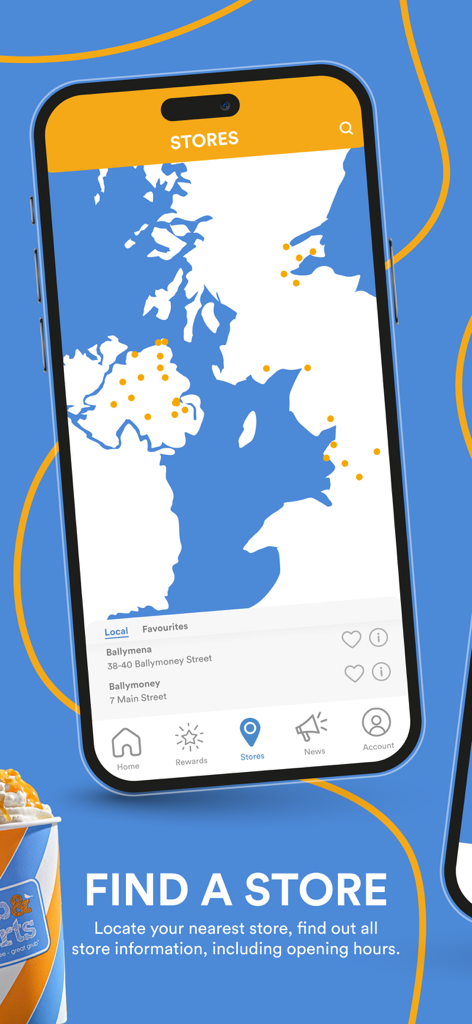 Bob & Berts Loyalty - Bob and Berts Loyalty App Bildschirm, der eine Karte und eine Liste von Geschäftsstandorten anzeigt, um Benutzern zu helfen, ihr nächstgelegenes Café zu finden.