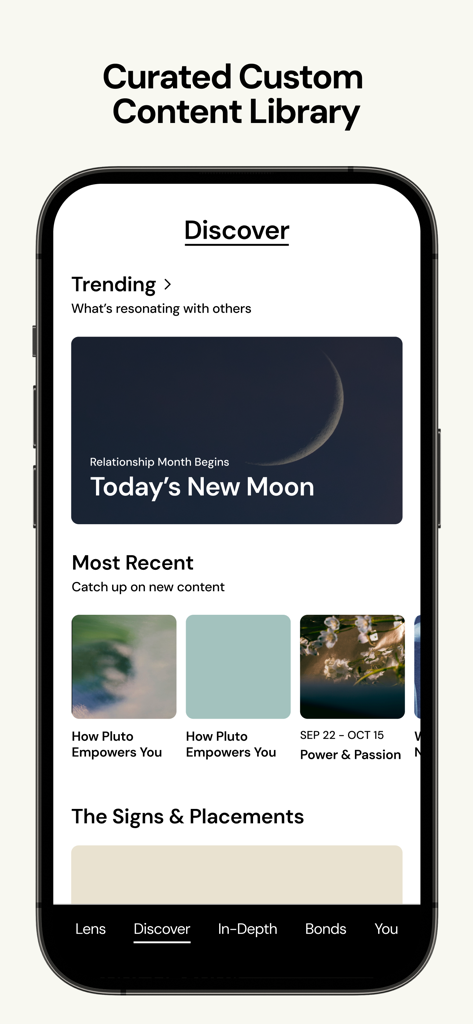 The Pattern app Discover tab showing trending astrology insights and custom content library