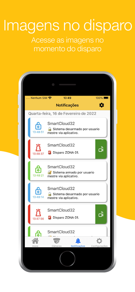 Active Mobile V4 - Active Mobile V4 App-Oberfläche, die den Verlauf von Sicherheitsbenachrichtigungen und Alarmauslösern auf einem Smartphone anzeigt