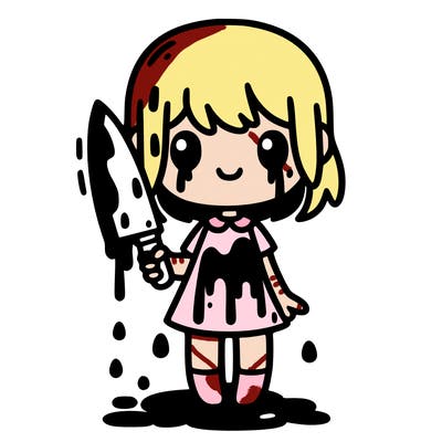 realistic girl holding a knife and covered in blood