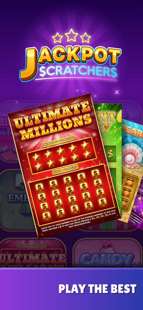 Jackpot Scratchers mobile app showing multiple digital lottery scratch-off tickets including Ultimate Millions