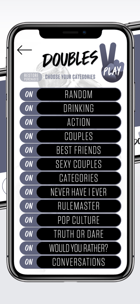 Category selection menu for the Doubles drinking game app.