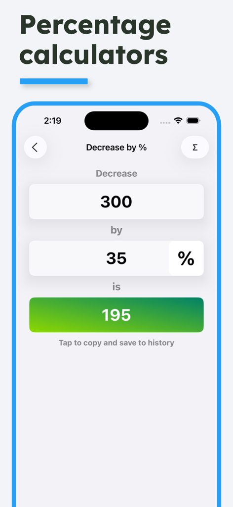 Financial Calculator: Percent - Mobile app screen showing a calculation where 300 decreased by 35 percent results in 195