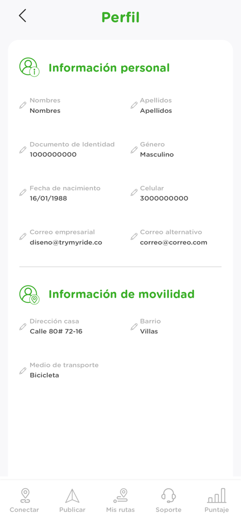 Try My Ride - User profile interface showing personal and mobility information in the Try My Ride app.