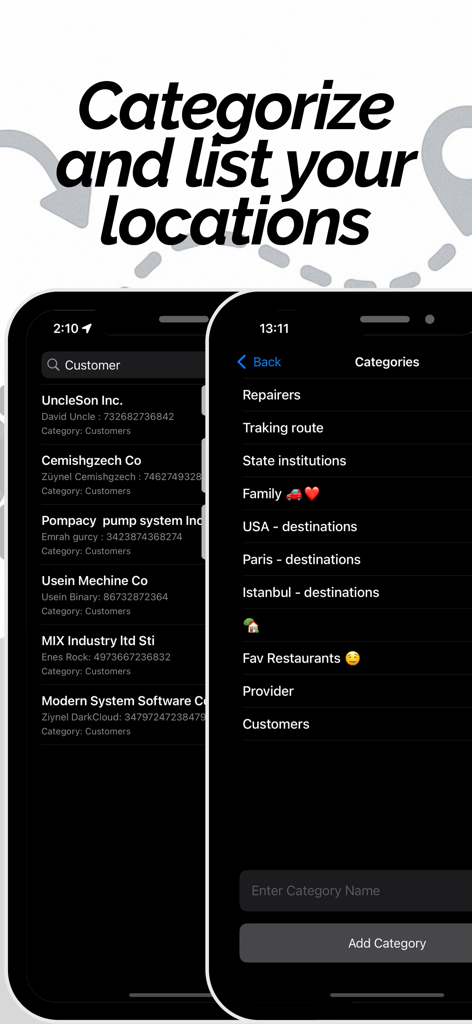 PinHub: Save Location - Screenshot of PinHub app showing custom location categories and customer contact lists