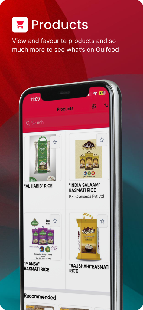 Interfaccia dell'app Gulfood che mostra un elenco ricercabile di prodotti alimentari come il riso basmati per l'approvvigionamento B2B.