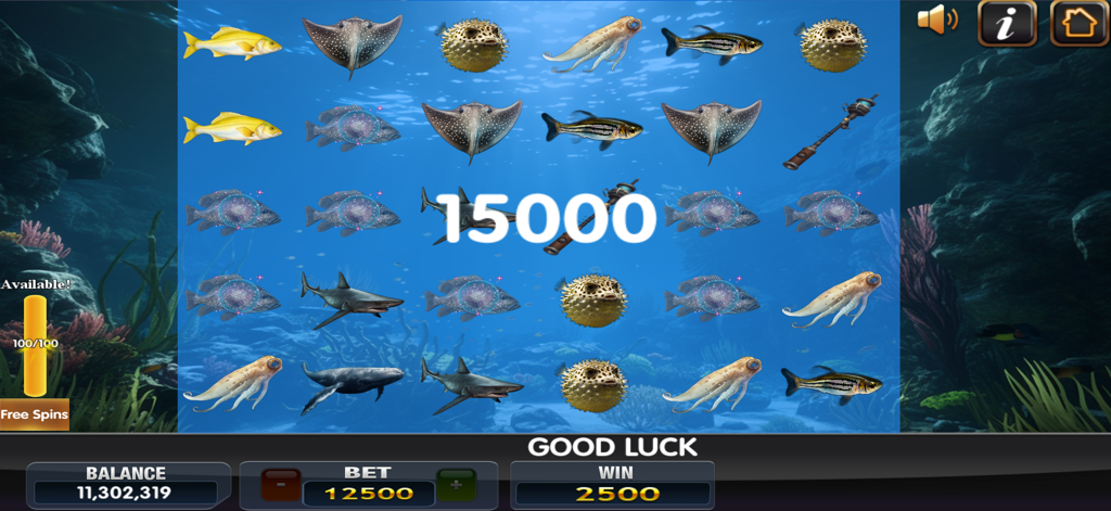 Gameplay di Lucky Gold Casino con una slot a tema sottomarino e una grande vincita con icone di pesci