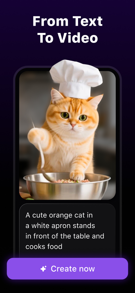 Mediamax App-Oberfläche, die KI-Text-zu-Video-Generierung mit einem niedlichen Katzenkoch-Beispiel zeigt